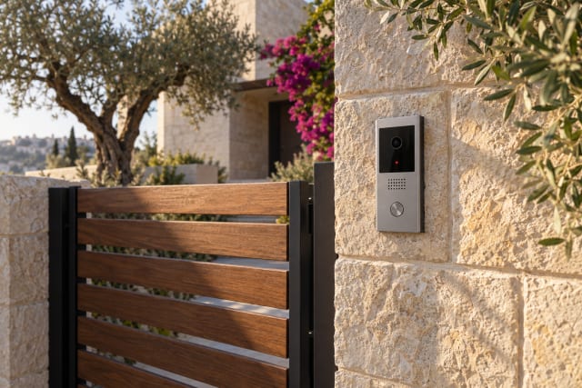פאנל אינטרקום אלחוטי קומפקטי על עמוד אבן ירושלמית בשער של בית פרטי באור אחר הצהריים