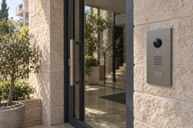 פאנל אינטרקום IP מתכתי בקיר אבן ירושלמית בכניסה לבניין מגורים משופץ, אחרי מעבר מחיווט אינטרקום ישן