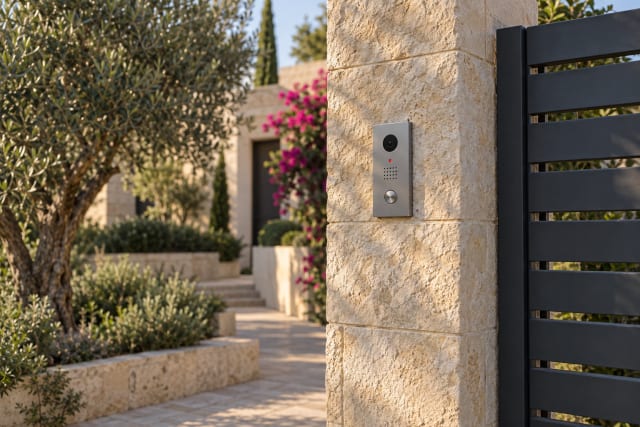 פאנל אינטרקום לבית פרטי מותקן בעמוד אבן ליד שער כניסה בשמש של אחר הצהריים