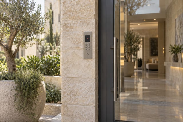 קורא בקרת כניסה עם מקלדת מותקן ליד דלת זכוכית בלובי של בניין מגורים מאבן