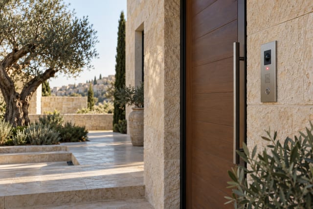 פאנל אינטרקום IP מאלומיניום בכניסה לוילה מחופה אבן, לצד מערכת בית חכם KNX