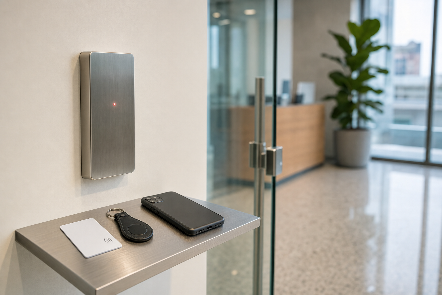 קורא RFID על קיר לובי משרדי לצד כרטיס גישה מחזיק מפתחות וסמארטפון המדגימים סוגי תגים שונים