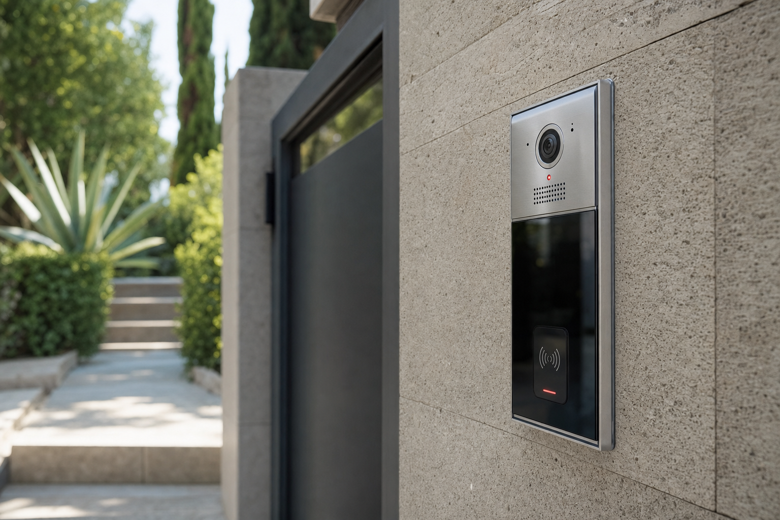 אינטרקום IP עם קורא כרטיסי RFID משולב, מותקן בכניסה לבניין מגורים עם קיר אבן