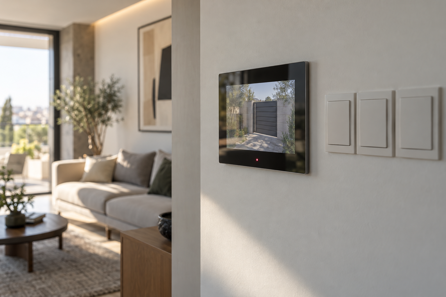 מסך מגע של בית חכם KNX על קיר בסלון מציג שיחת וידאו מאינטרקום הכניסה