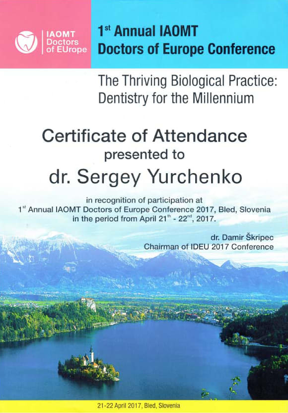 Osvědčení o účasti – 1. výroční konference lékařů IAOMT v Evropě
