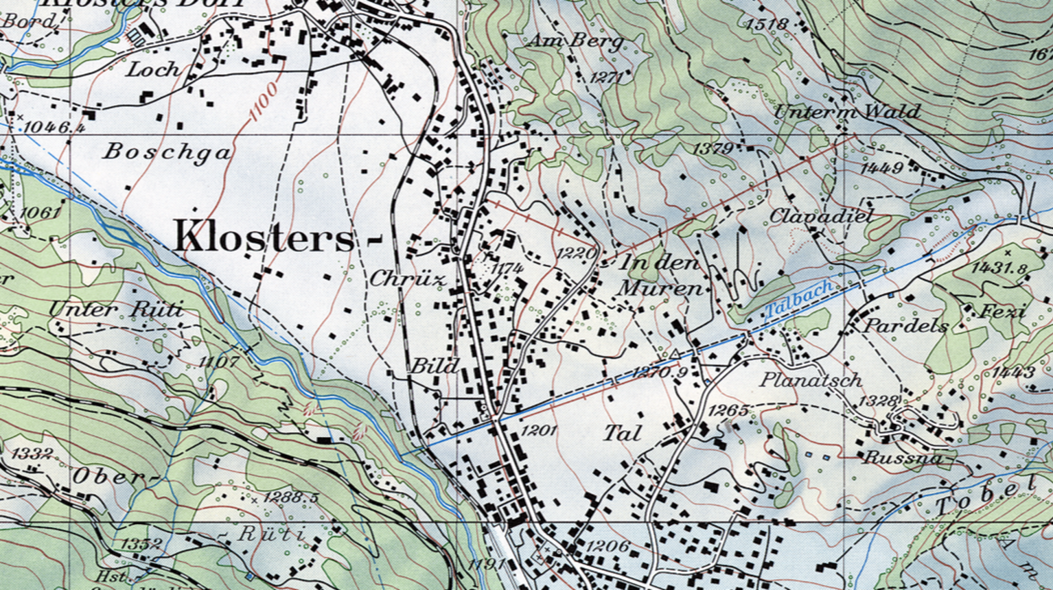 The Mura lift (1) (44 metres of altitude, 310 m long), the Alpenrösli lift (2) (244 m / 819 m), and the Heid lift (3) (61 m / 441 m) on a map dating from 1980 (photo map geo.map.admin / Destination Davos Klosters).