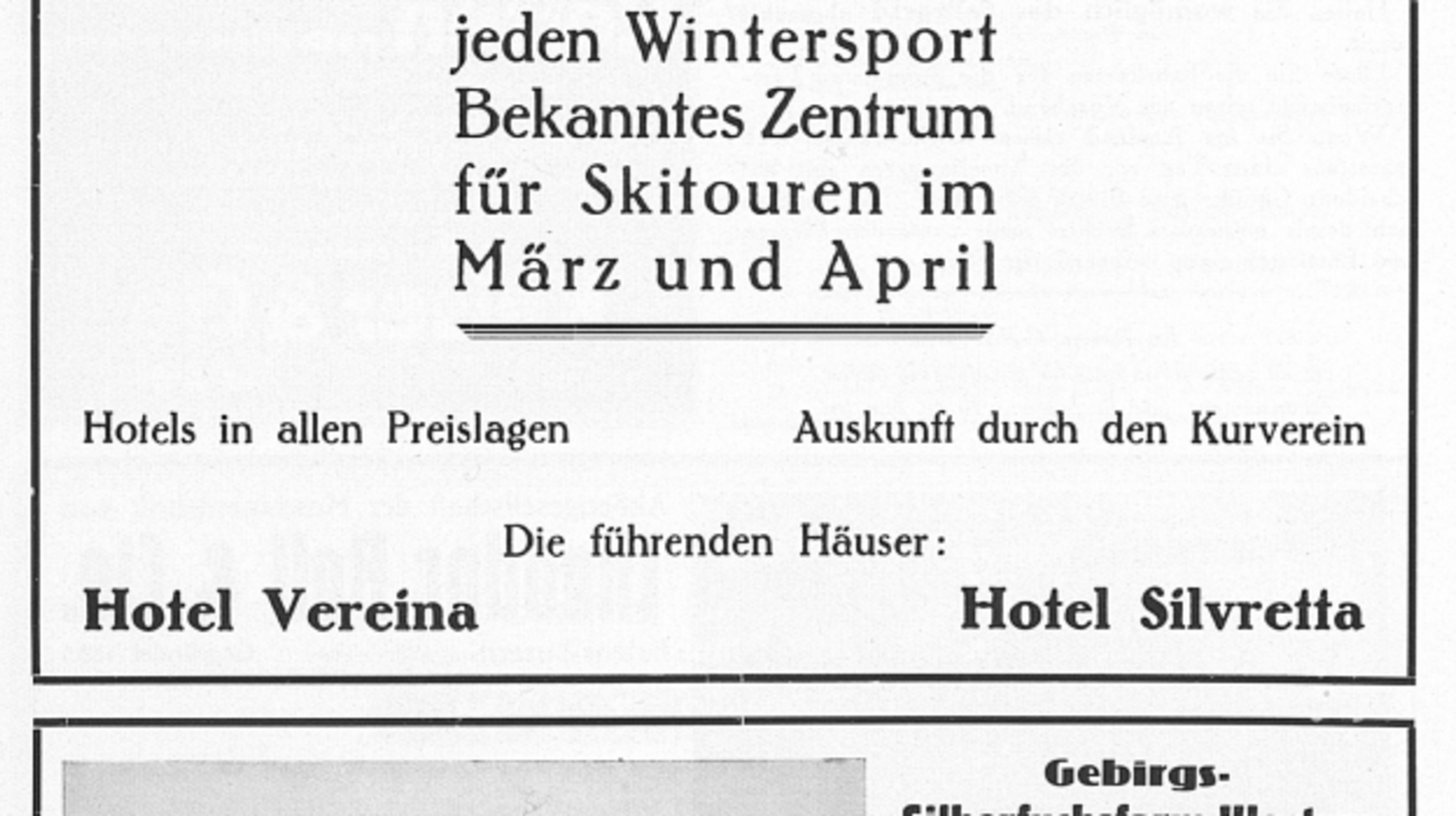 Advertisement in the SBB Review promoting Klosters as «ideal place for any type of winter sports» and as «largest and best-managed silver fox farm» (photo e-periodica, 1929.