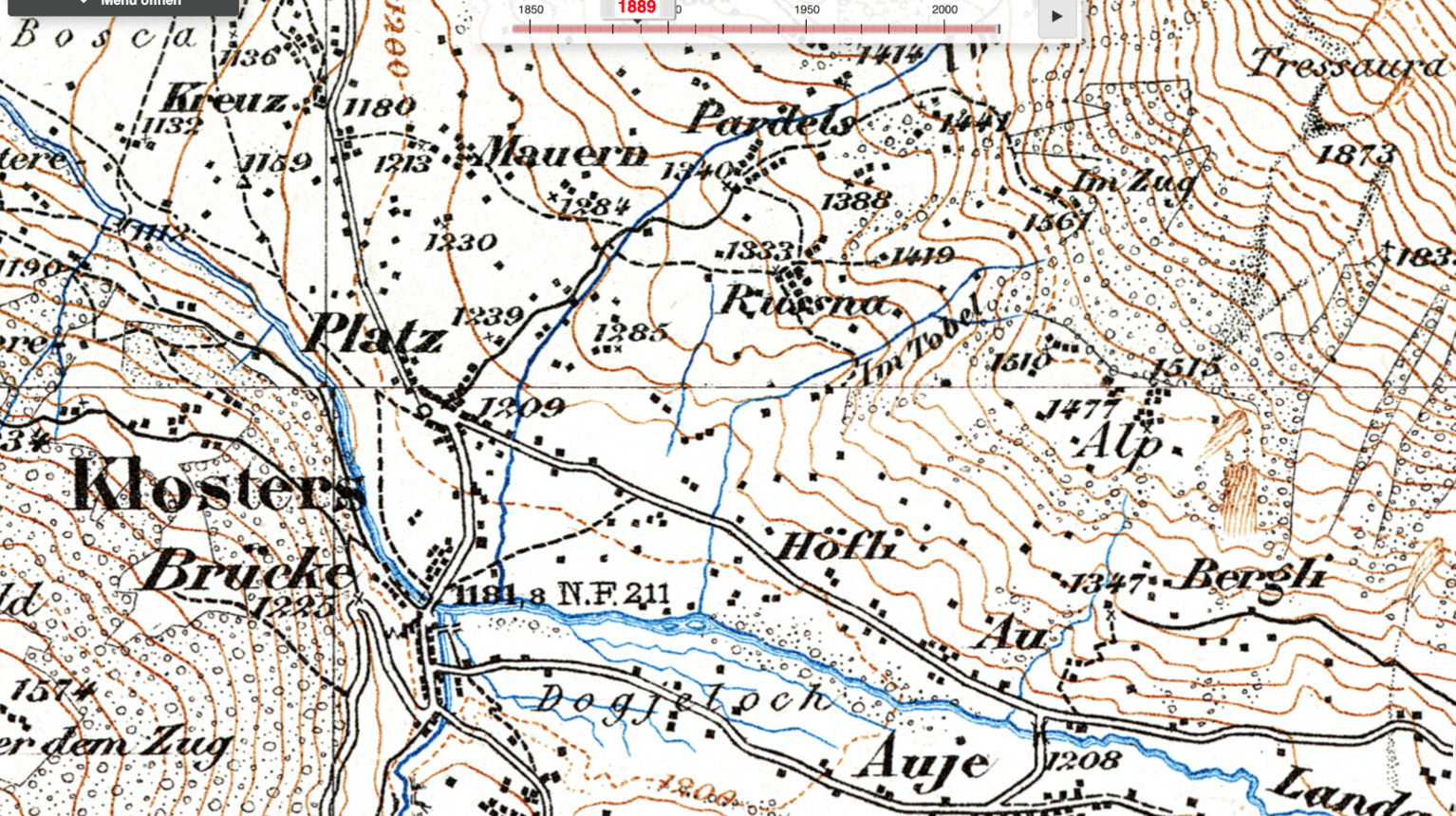 The scattered black squares are small sheds and barguns. They have shaped the landscape until today. Map section of Klosters from 1889 (Topographic Atlas of Switzerland, https://map.geo.admin.ch).