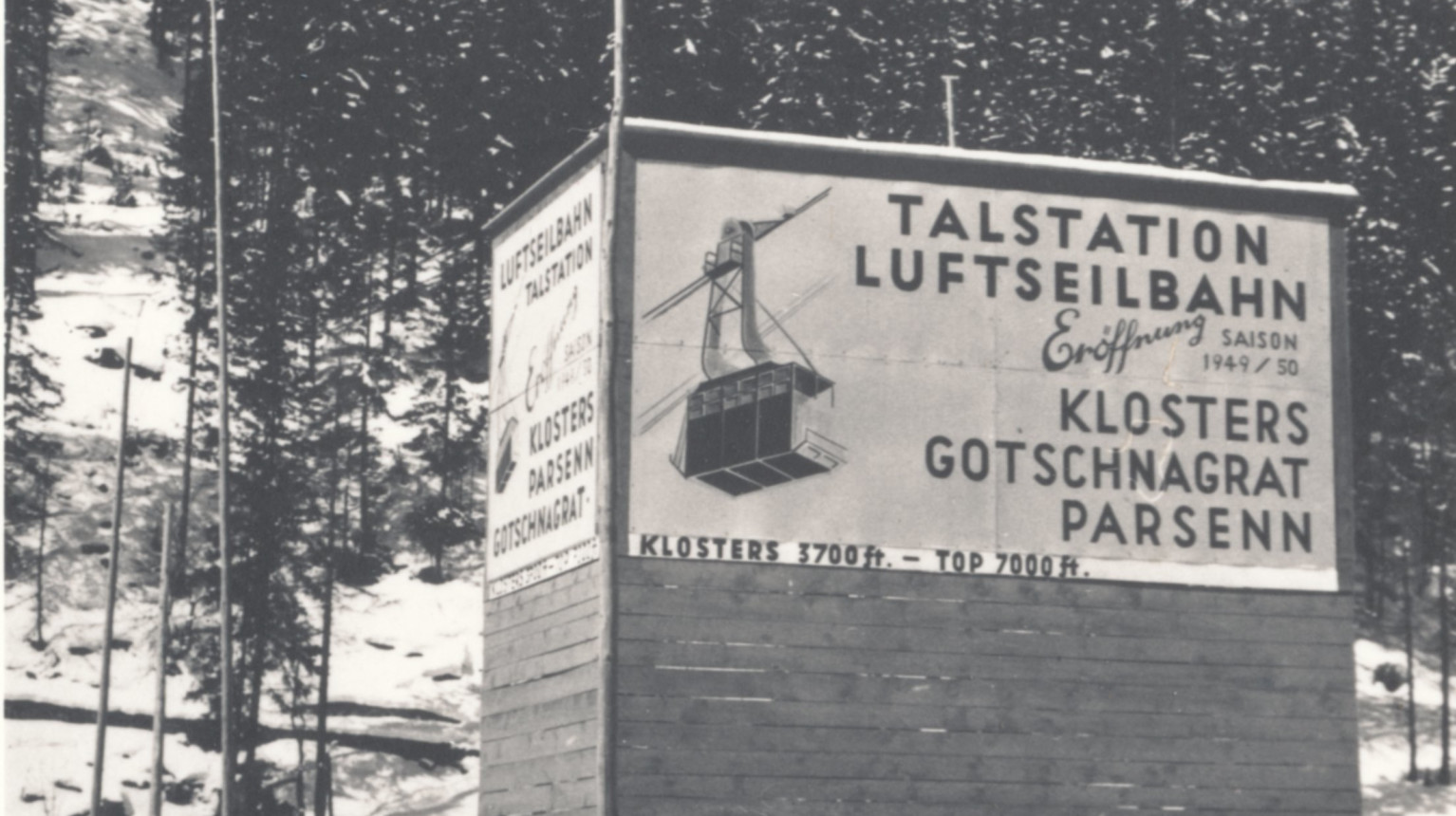 Construction site poster for the Gotschna cable car (Archive Klosters Tourism Association / Photo Foundation Graubünden, 1948).