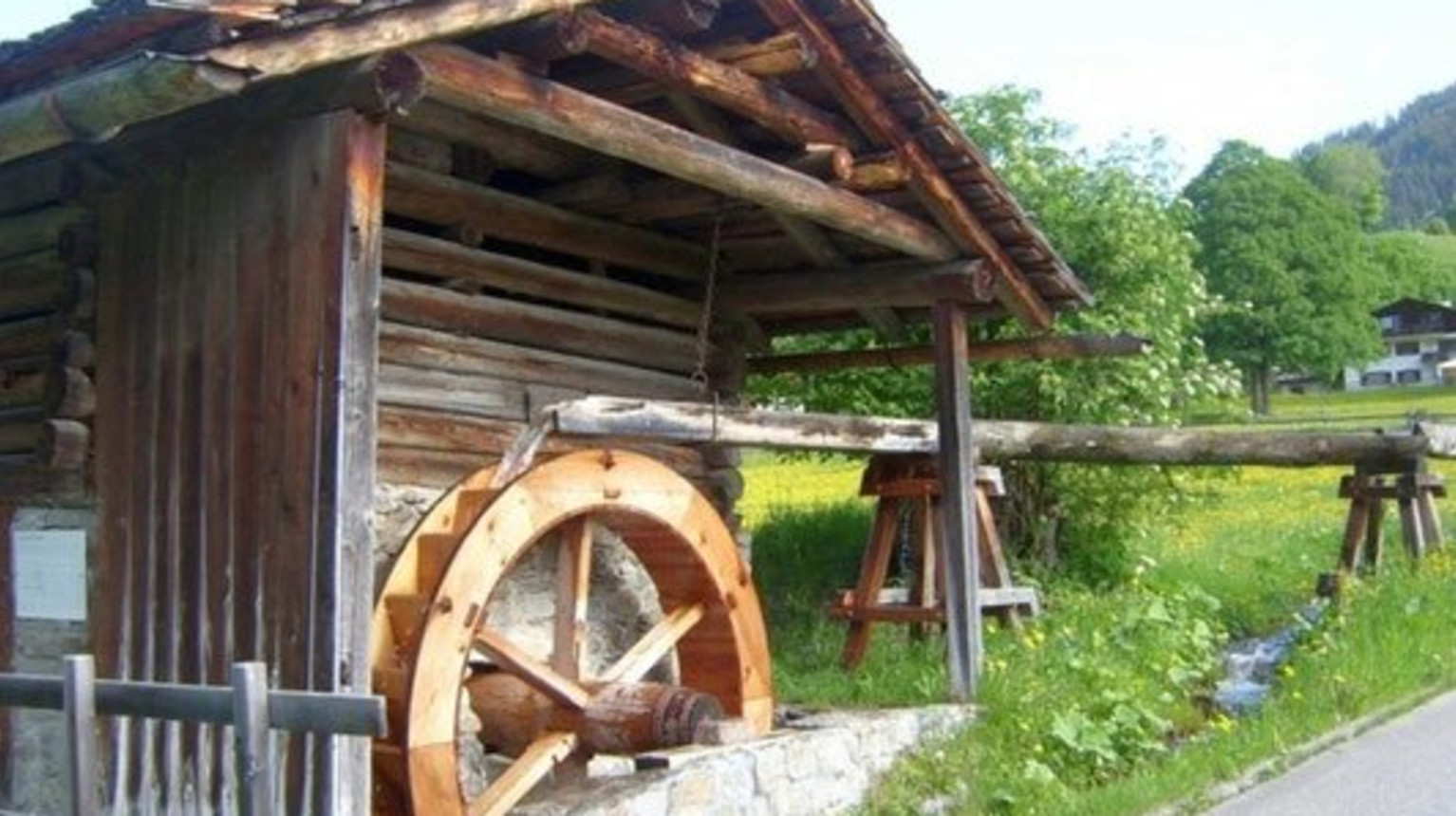 The Rohr mill with its overshot water wheel (the water runs over the wheel from above).