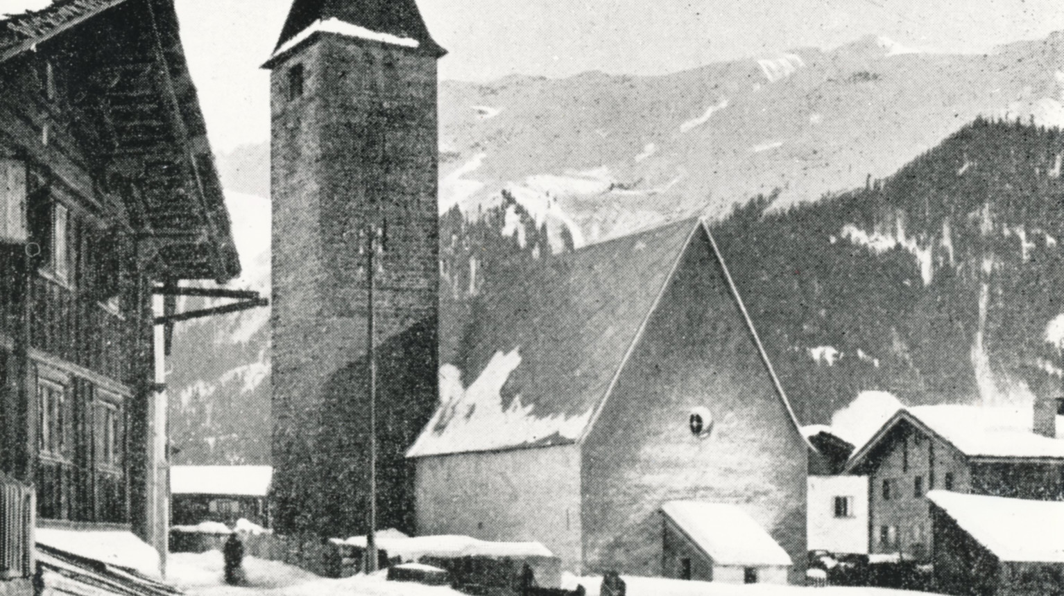 St. James Church in Winter 1900; postcard (Archive Klosters Tourism Association / Photo Foundation Graubünden).