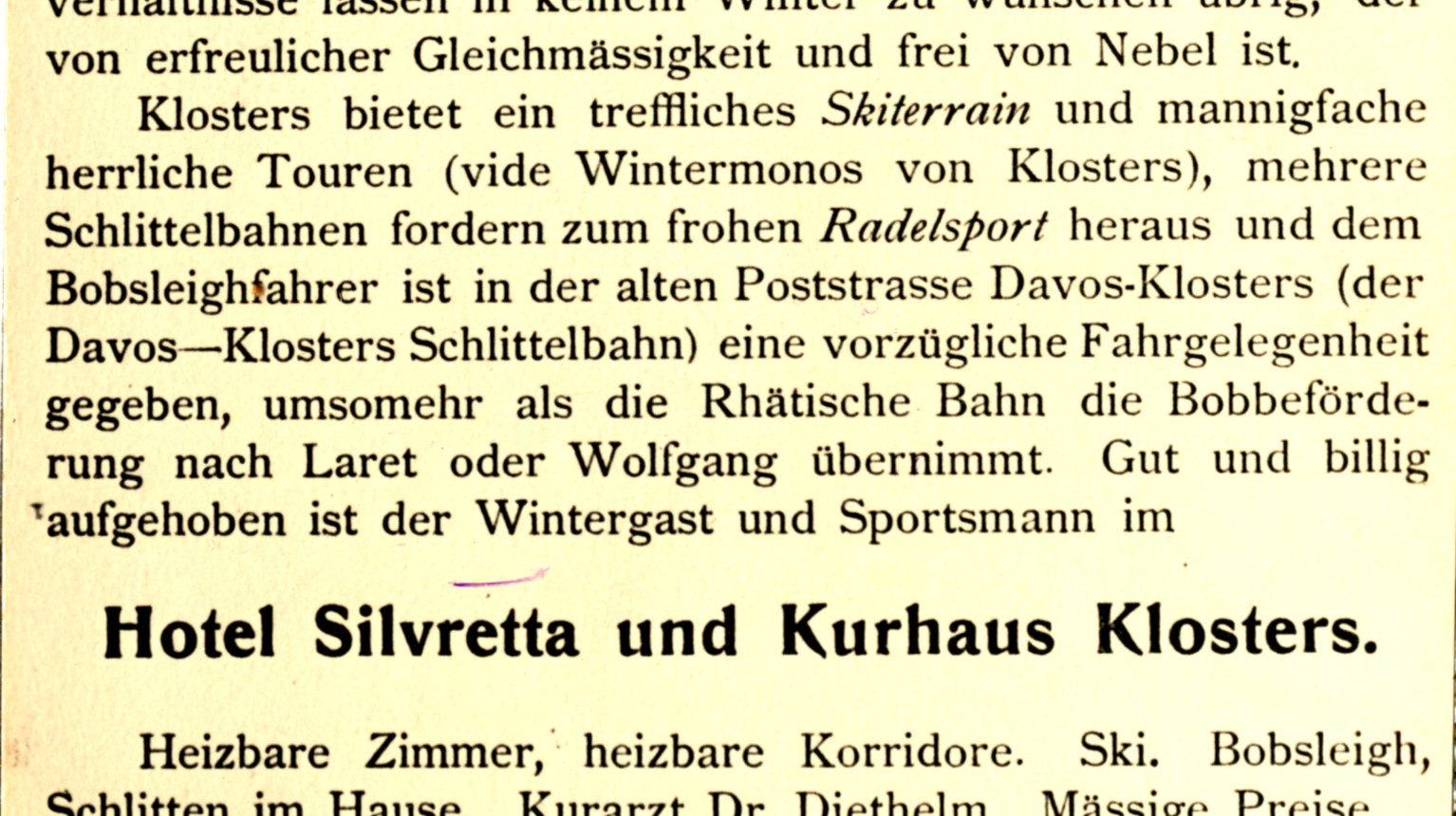 Advertisement of the hotel Silvretta when tourism in Klosters started to blossom; 1907 (Archive Klosters Tourism Association / Photo Foundation Graubünden / DDK, M. Jörger).