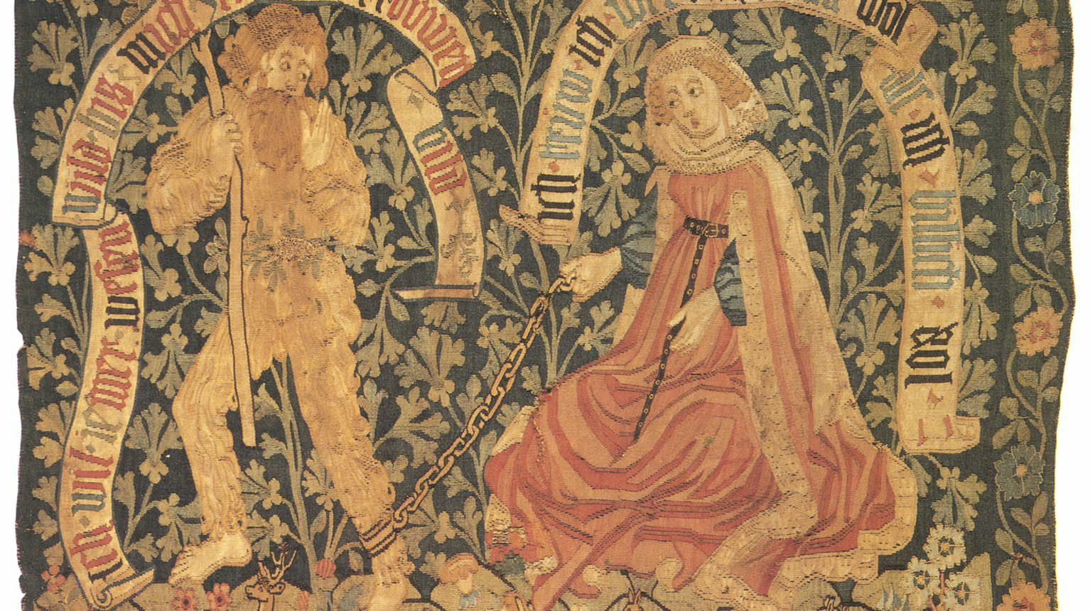 The Wildmännli shown on a wall tapestry from Basel; dating from 1470/80 (photo wikicommons).