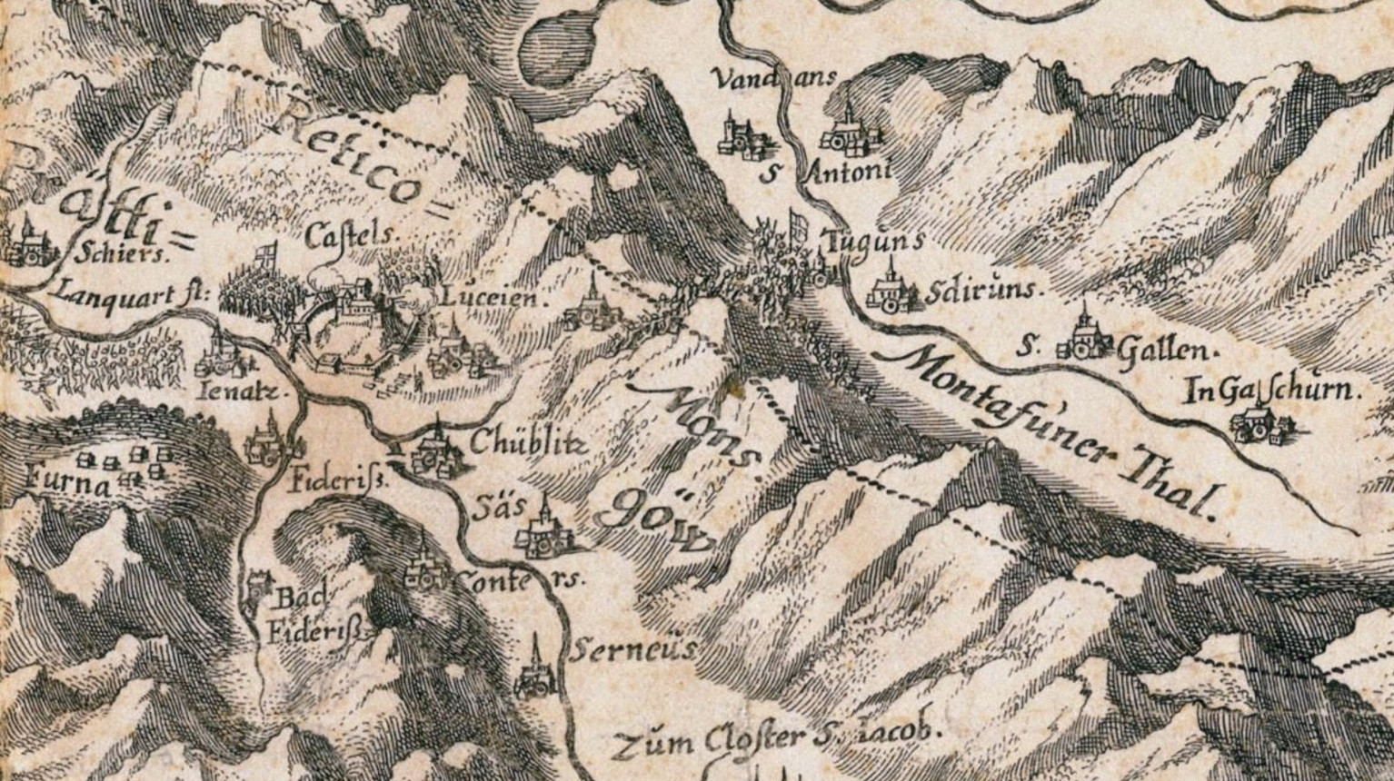 Section of the map produced by the Zurich cartographer Hans Conrad Gyger (1599-1674) around the middle of the 17th century (Vorarlberg Provincial Archives).