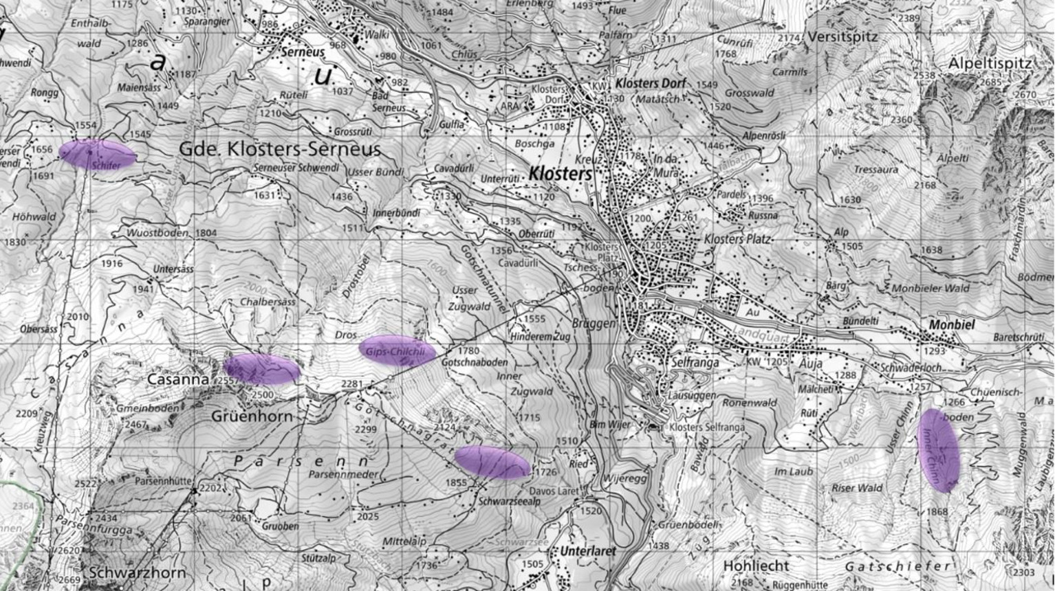 The map shows the larger mining areas in and around Klosters.