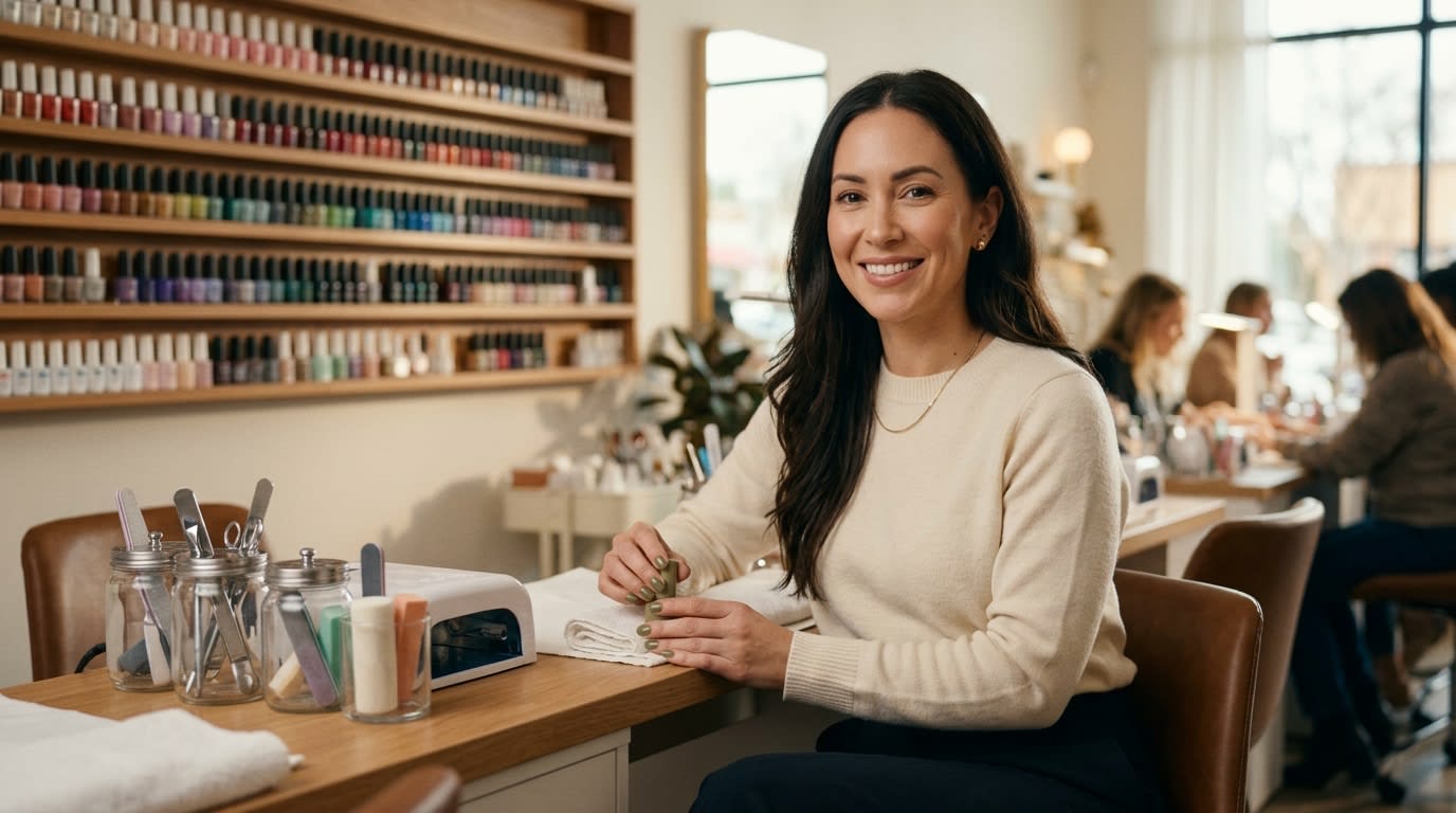 A nail salon owner smiling at her manicure station