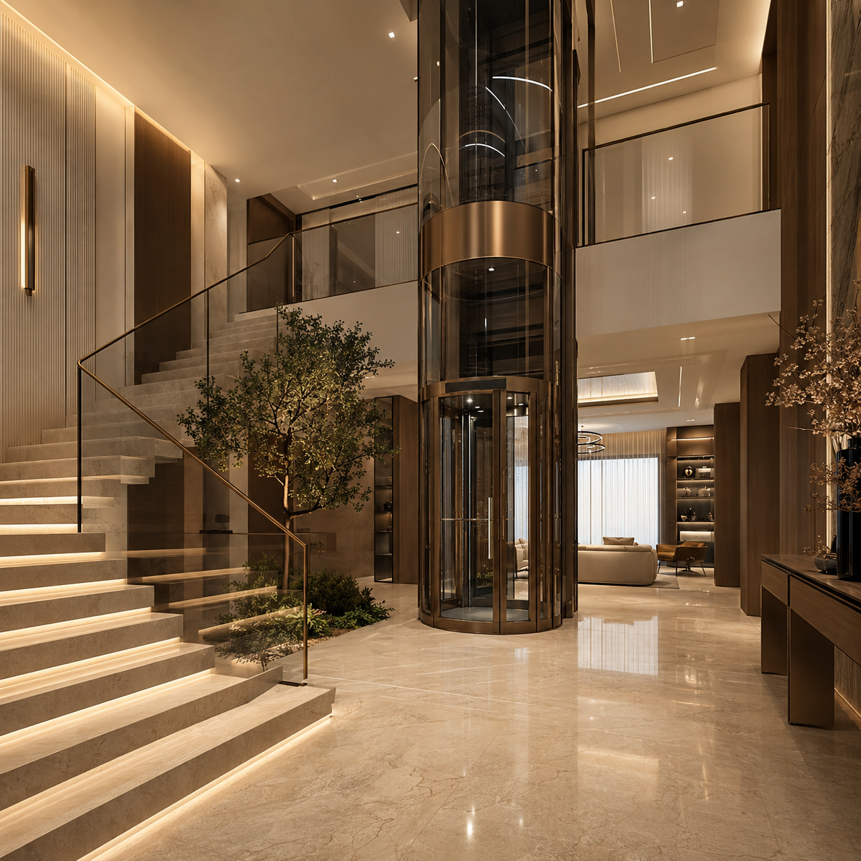 Architecturally integrated panoramic glass elevator inside ultra luxury duplex villa with floating staircase and warm ambient lighting by Volo Lifts