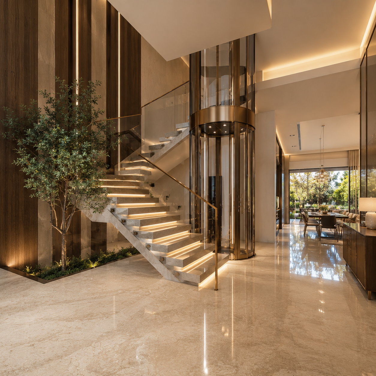 Compact panoramic residential elevator with minimal structural footprint beside illuminated floating staircase in modern luxury duplex villa