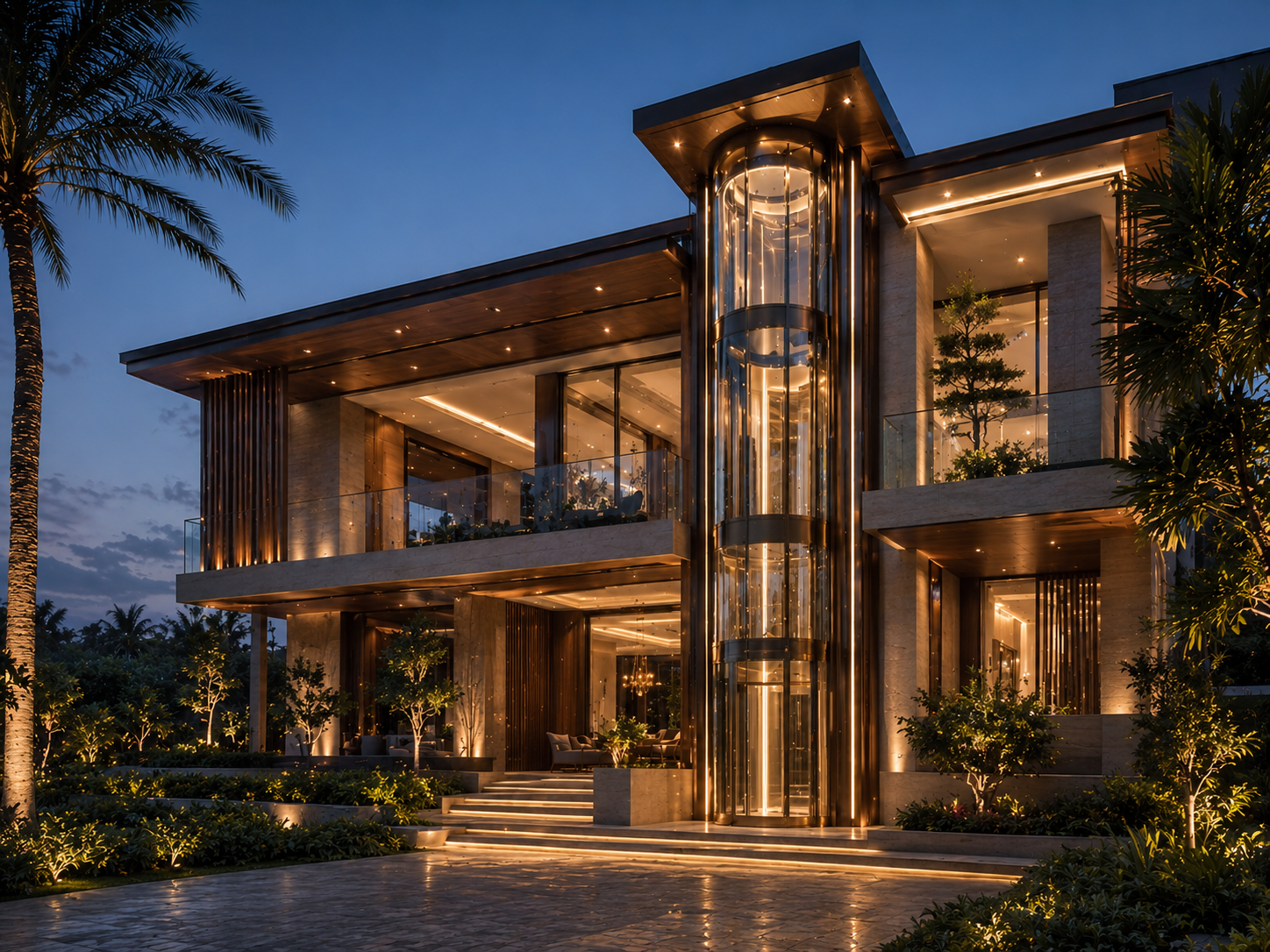 Luxury villa facade with illuminated exterior panoramic glass elevator integration by Volo Lifts