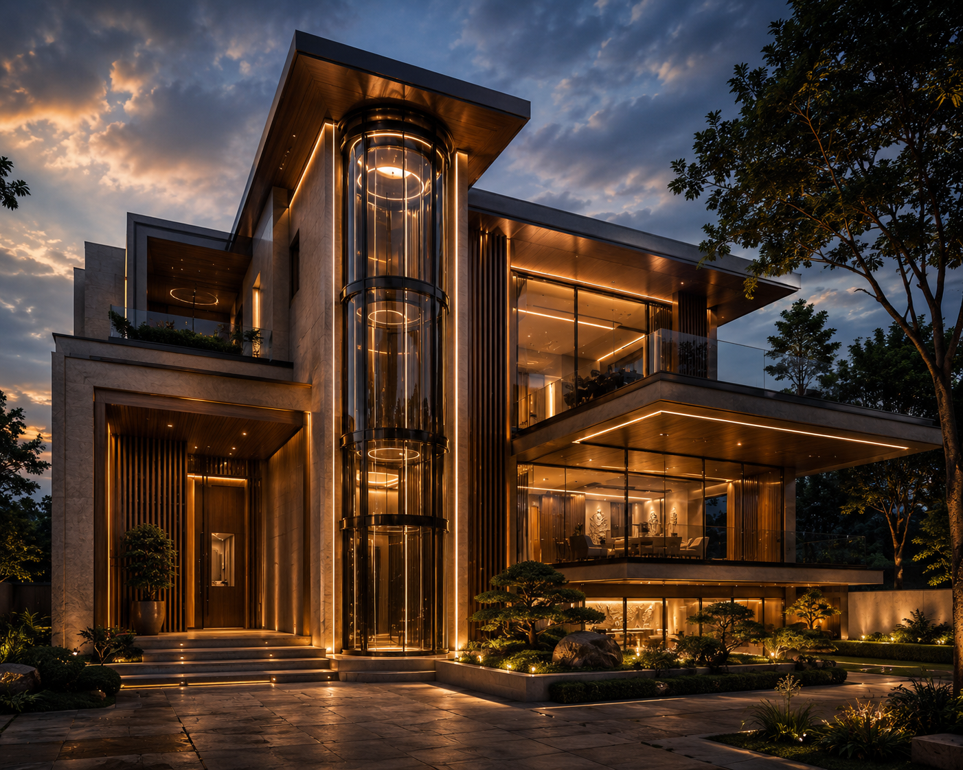 Contemporary luxury villa architecture with integrated panoramic residential elevator by Volo Lifts