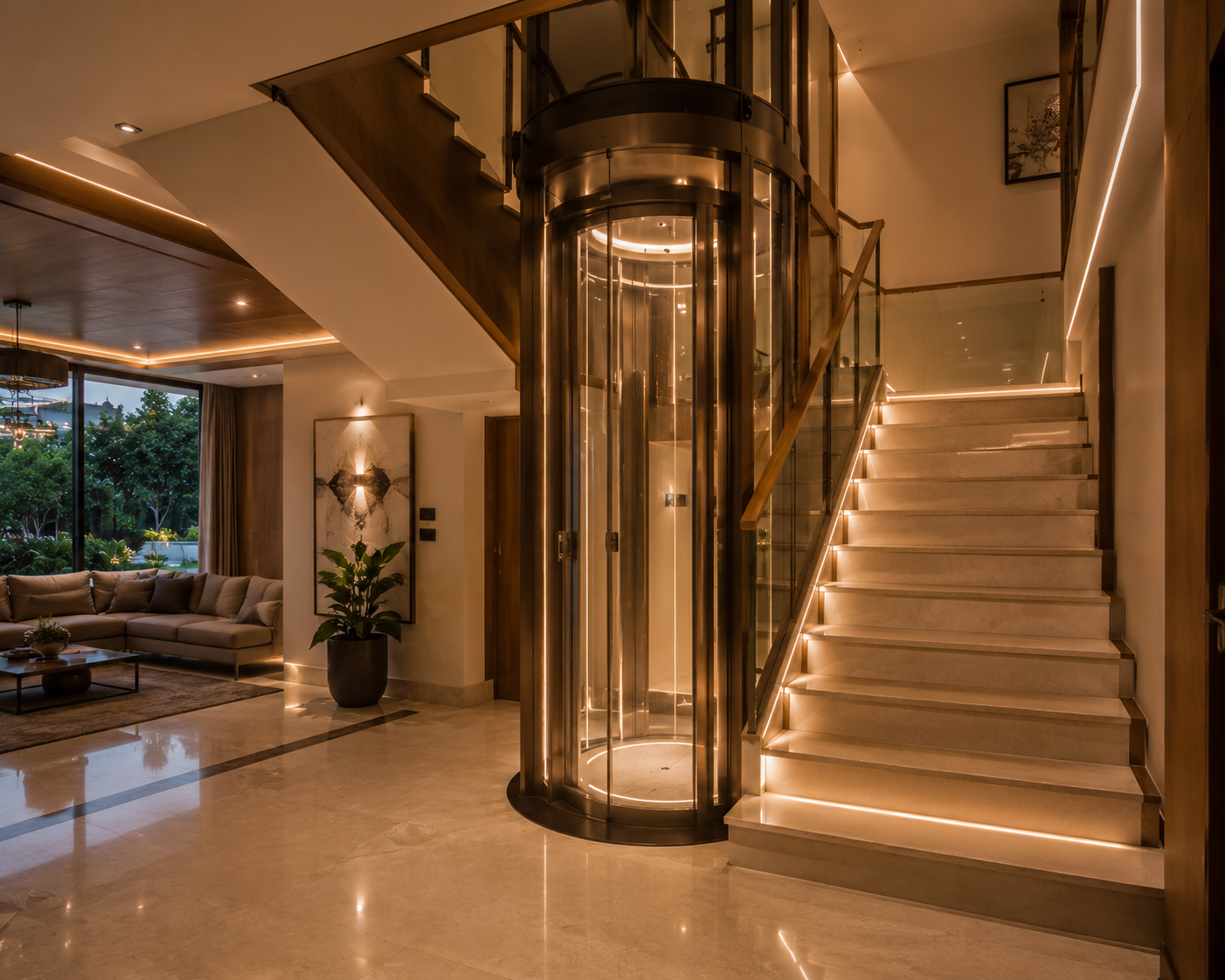 Compact retrofit panoramic residential elevator integrated into existing modern duplex villa with minimal structural footprint
