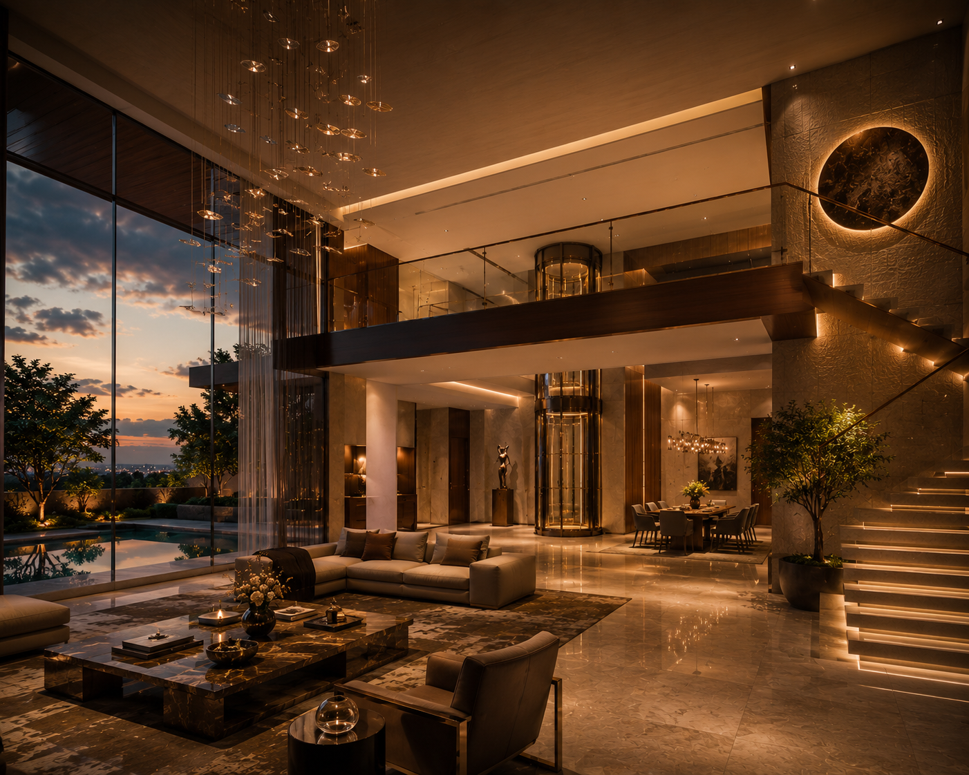 Luxury panoramic glass elevator integrated into ultra modern duplex villa with quiet architectural elegance by Volo Lifts