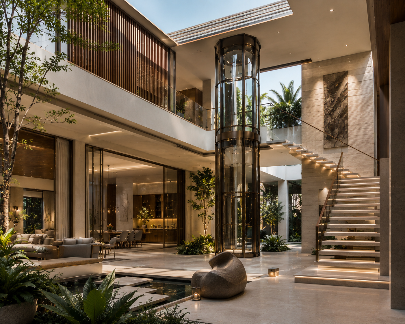 Luxury courtyard villa with centrally integrated panoramic glass elevator and open architectural design by Volo Lifts