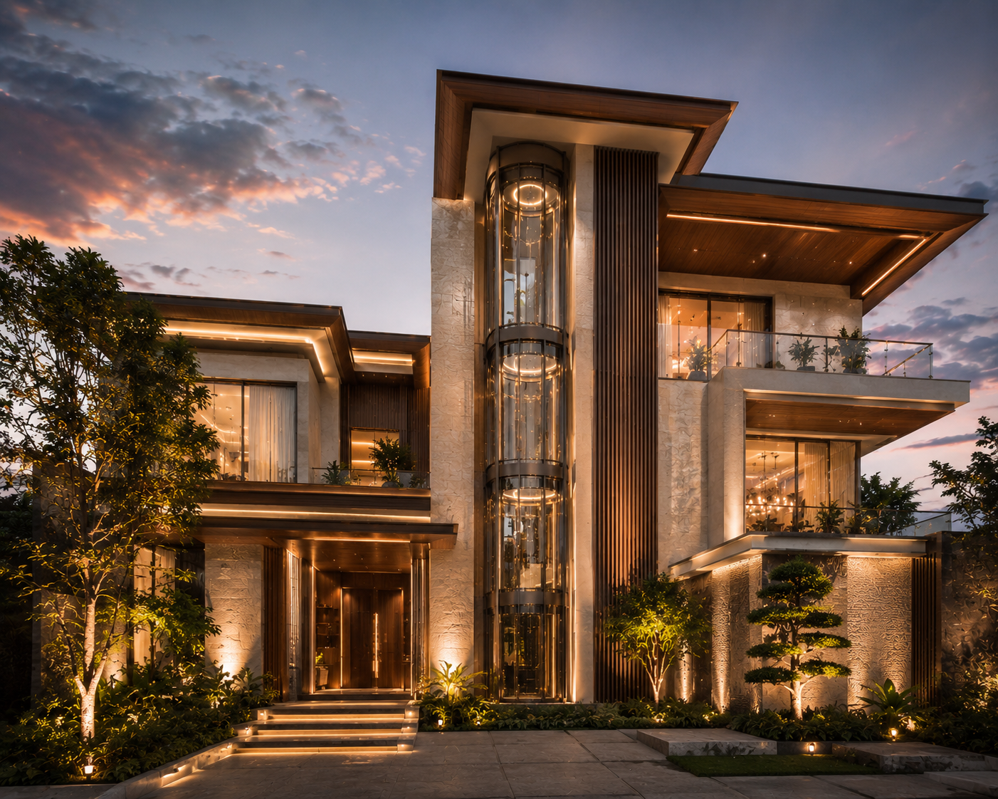 Contemporary luxury villa facade with integrated panoramic glass elevator shaft by Volo Lifts