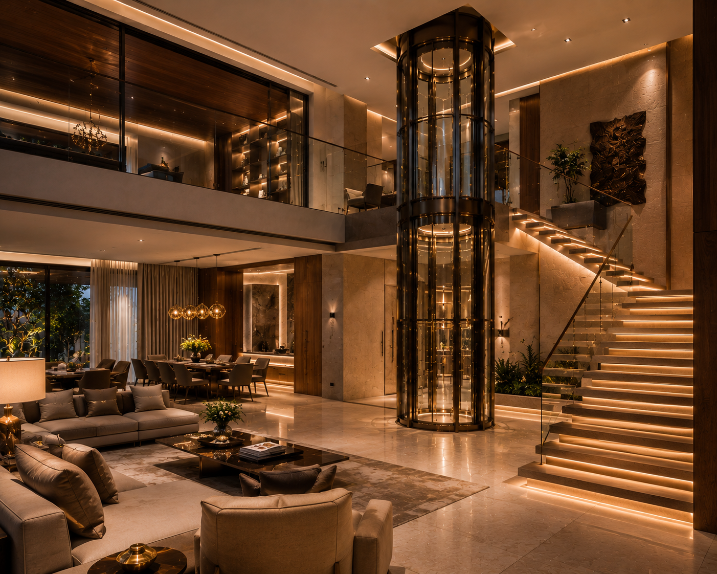 Interior panoramic glass elevator integrated into luxury duplex villa with open architectural living by Volo Lifts