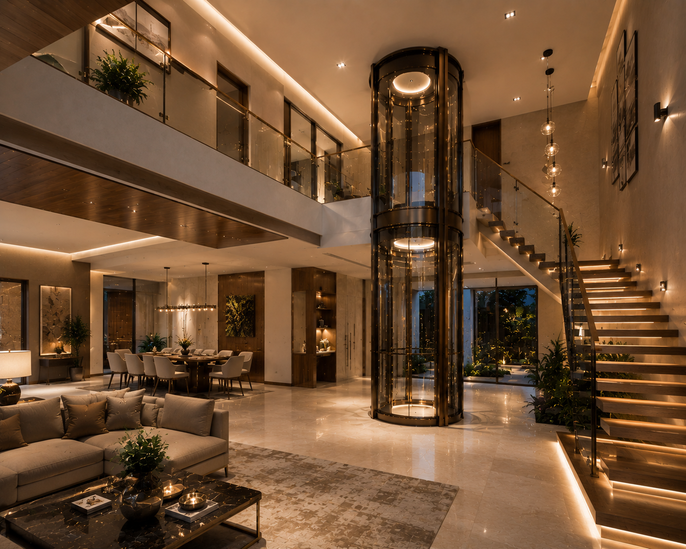 Luxury villa living room with integrated residential elevator and modern contemporary interior design