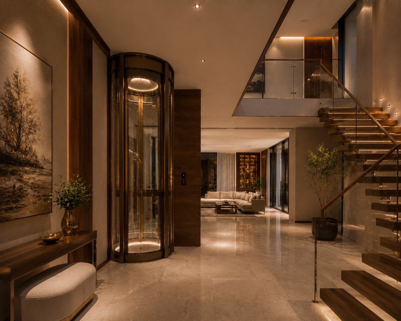 Luxury residential panoramic elevator integrated intelligently into contemporary duplex villa living by Volo Lifts