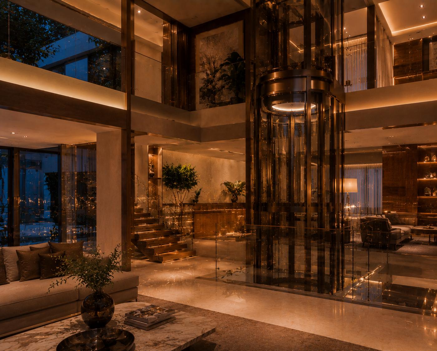Premium panoramic glass elevator finishes with layered transparency integrated into luxury residential architecture by Volo Lifts