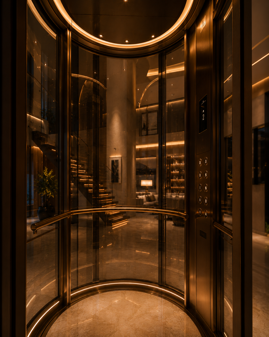 Luxury panoramic elevator interior with warm ambient architectural lighting and immersive residential atmosphere by Volo Lifts