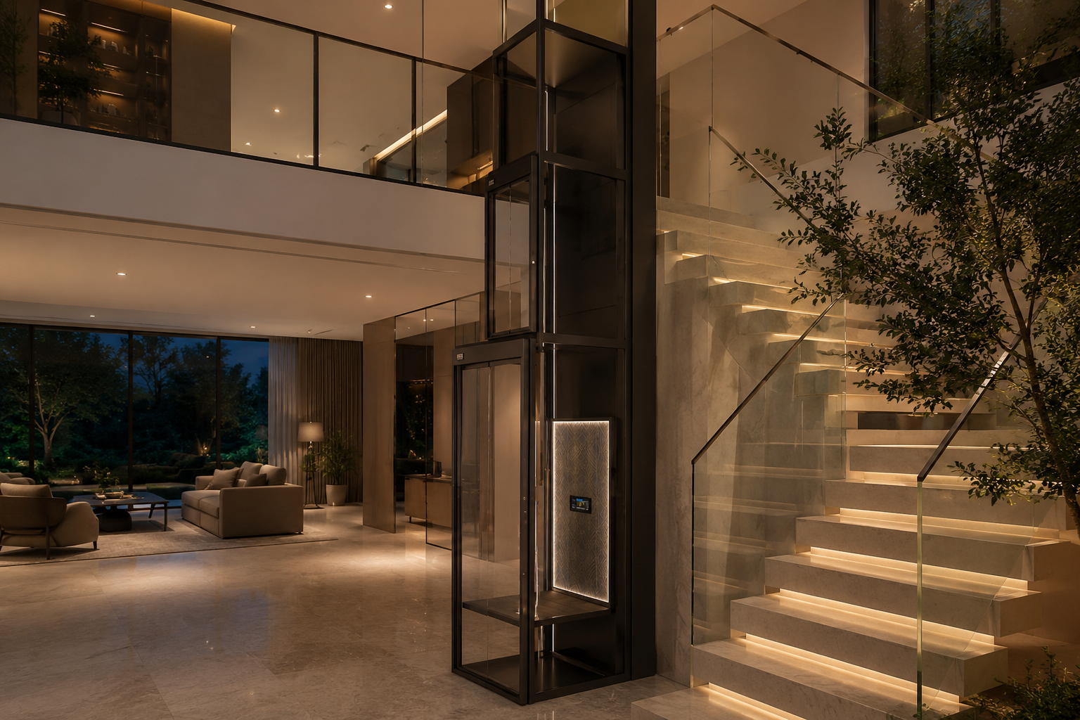 Volo Ghost compact panoramic luxury home lift integrated into elegant modern duplex residence