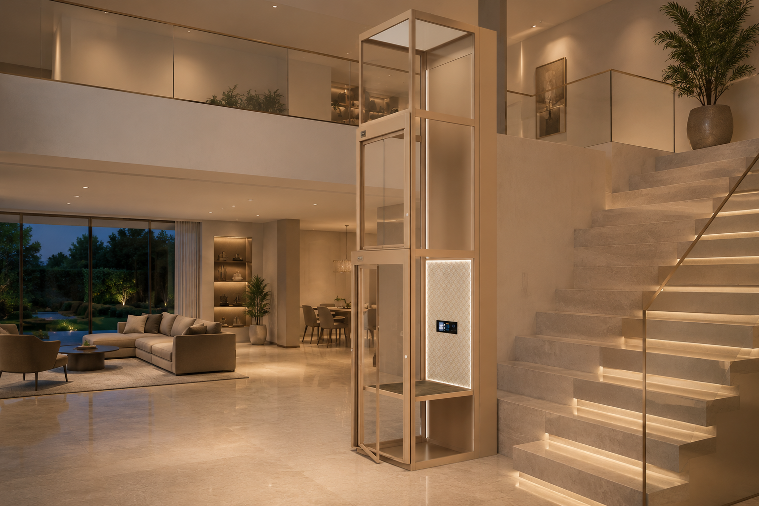 Volo Phantom premium panoramic glass elevator integrated into luxury duplex villa interior with elegant architectural openness and refined contemporary aesthetics