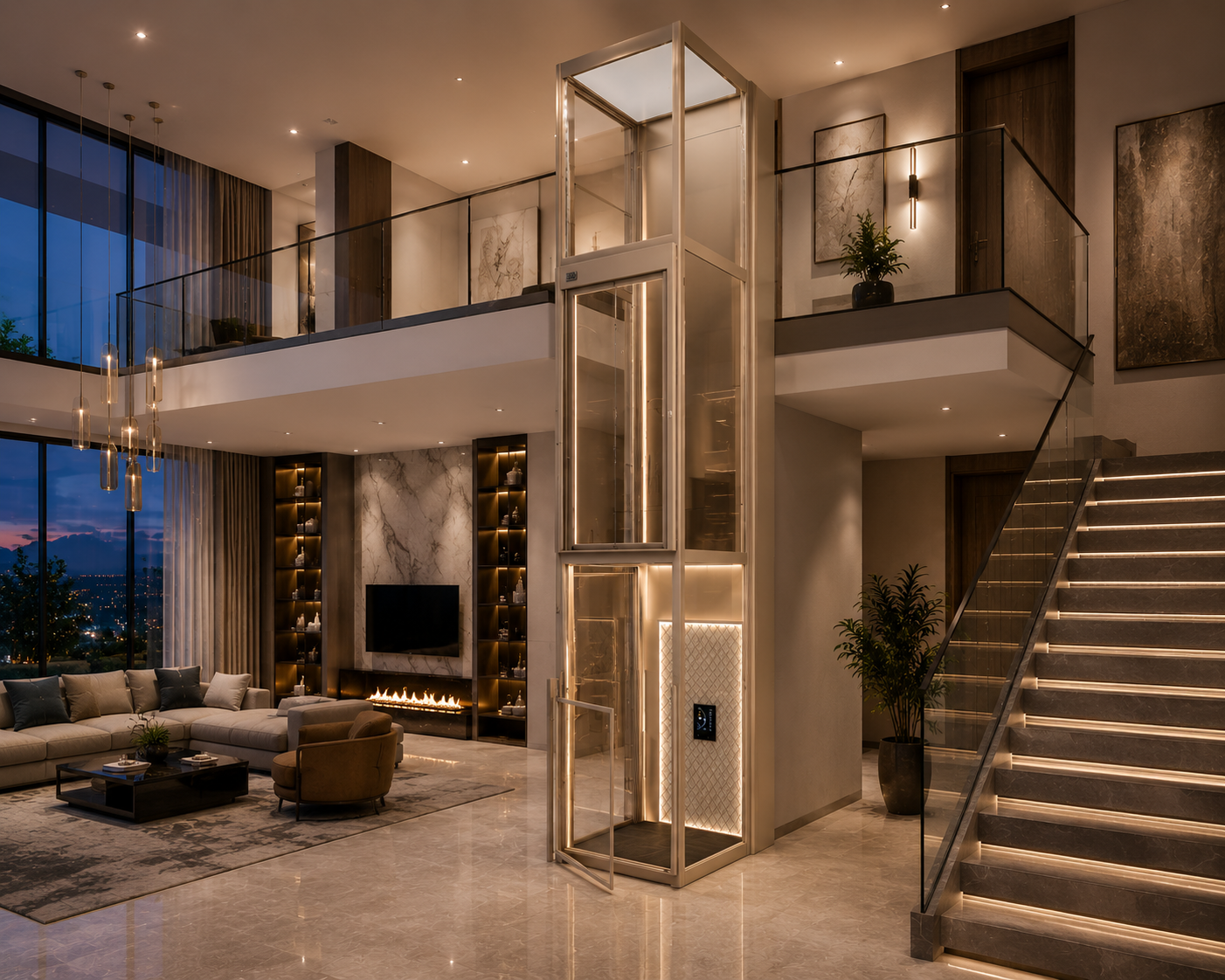 Volo Spectre ultra luxury panoramic residential elevator seamlessly integrated into a modern duplex villa with connected mezzanine landing, floating staircase, warm architectural lighting, and premium contemporary interiors
