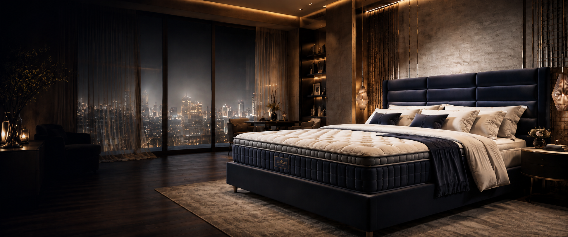 Ultra luxury bespoke mattress by VOLOSLEEP in cinematic modern penthouse bedroom