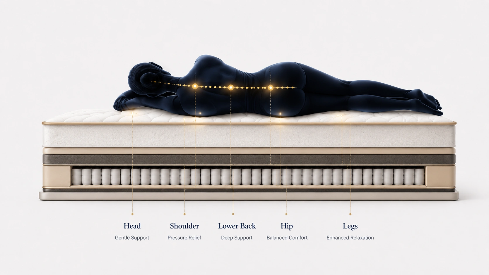 Luxury bespoke mattress spinal alignment and pressure relief visualization by VOLOSLEEP