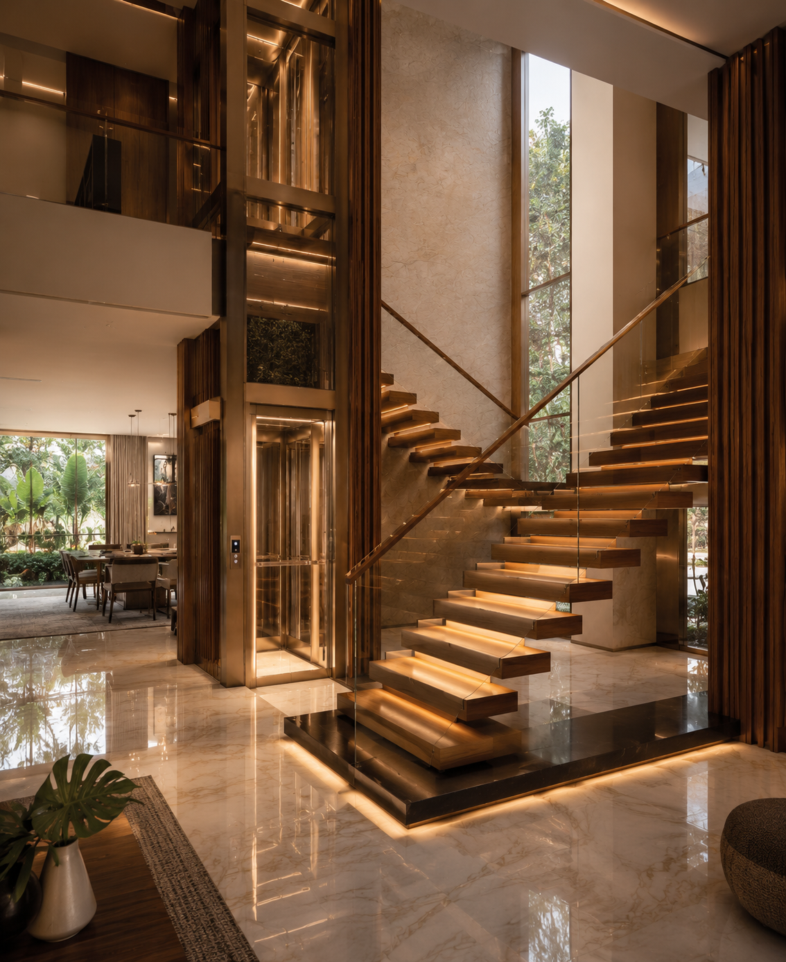 Luxury Bangalore duplex villa interior with floating staircase and compact panoramic home elevator integrated into architecture