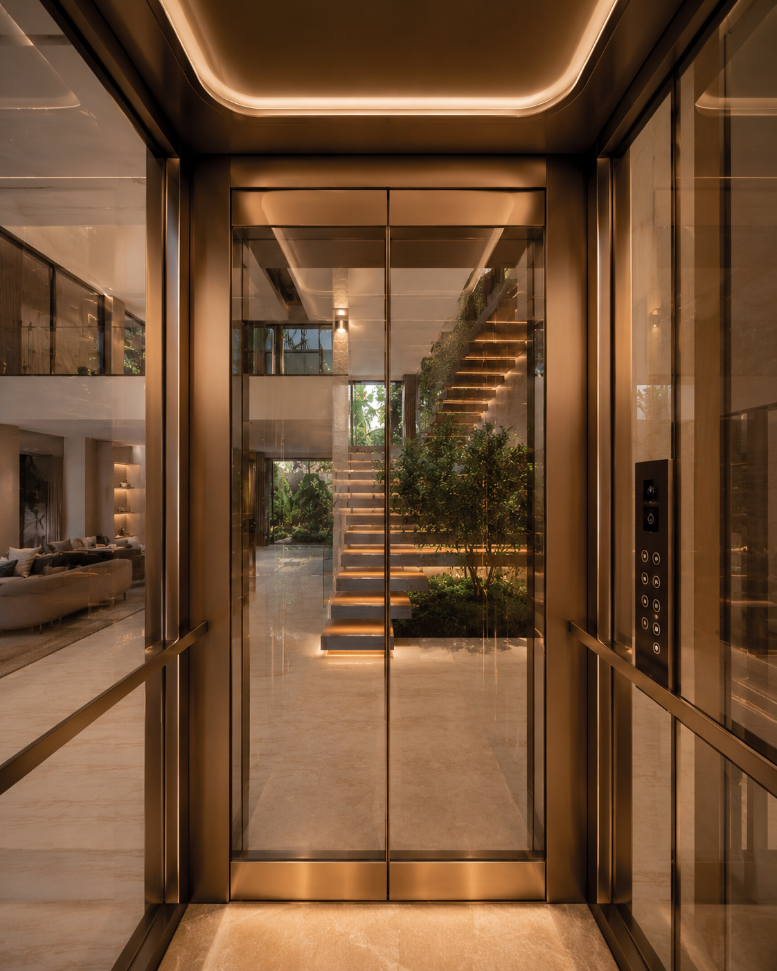 Luxury panoramic residential elevator interior with architectural glass and premium villa atmosphere
