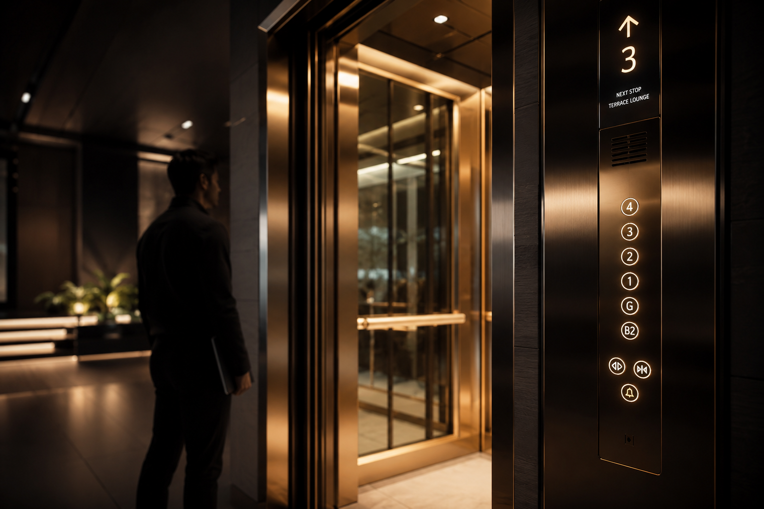 Premium elevator engineering and maintenance environment with cinematic lighting