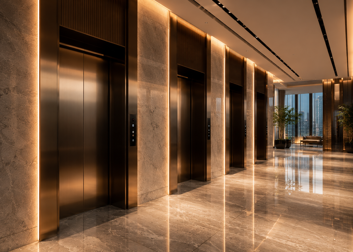 Luxury commercial elevator system integrated into premium office and commercial architecture by VOLO Lifts