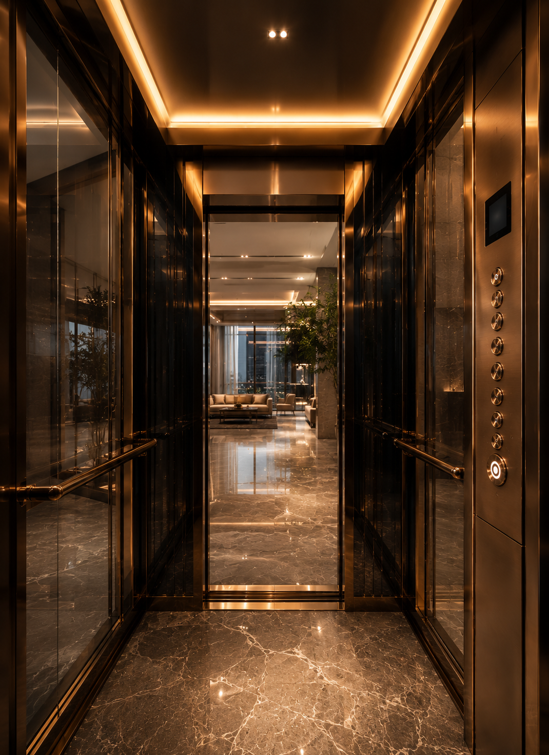 Luxury residential elevator interior with premium architectural finishes and ambient lighting by VOLO Lifts