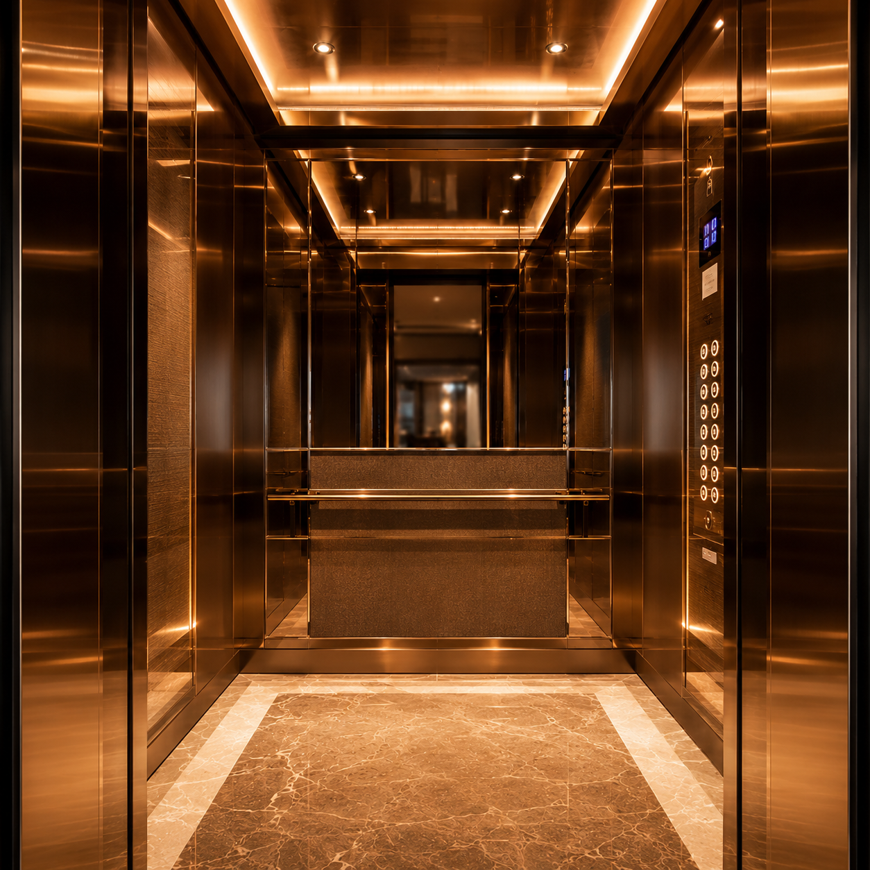 Luxury elevator cabin with champagne bronze finishes and ambient architectural lighting by VOLO Lifts
