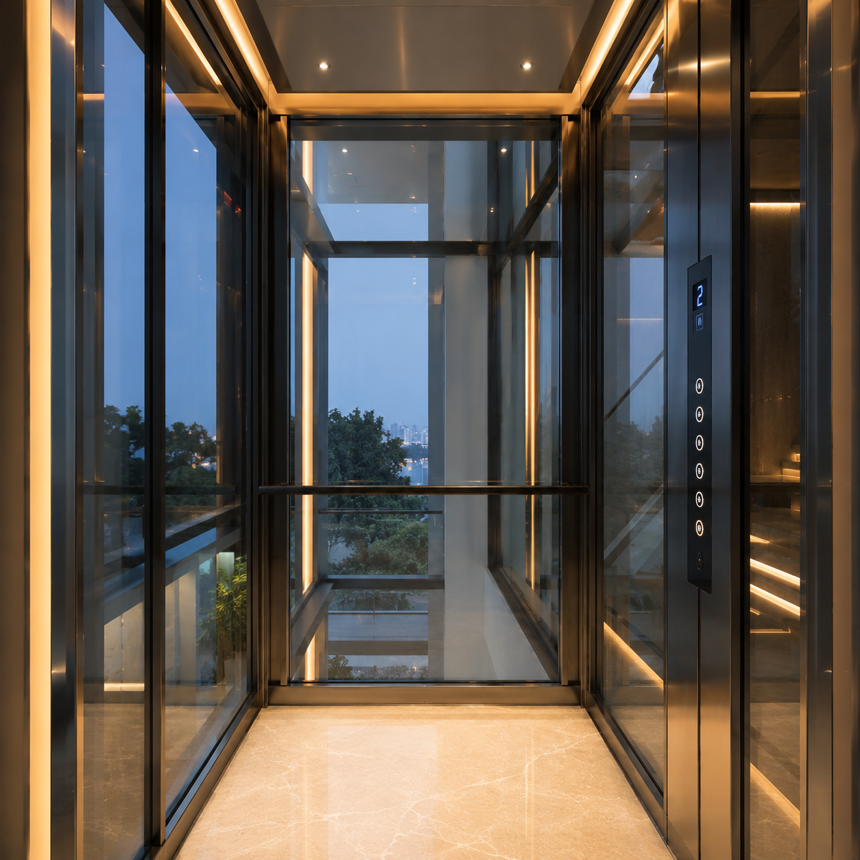 Architectural glass elevator interior with luxury contemporary finishes by VOLO Lifts