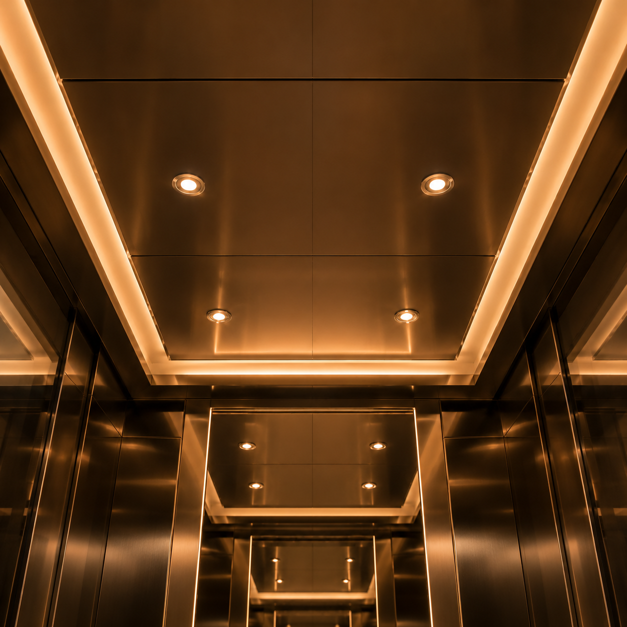 Luxury elevator ceiling and ambient lighting detail with premium architectural interior finishes by VOLO Lifts