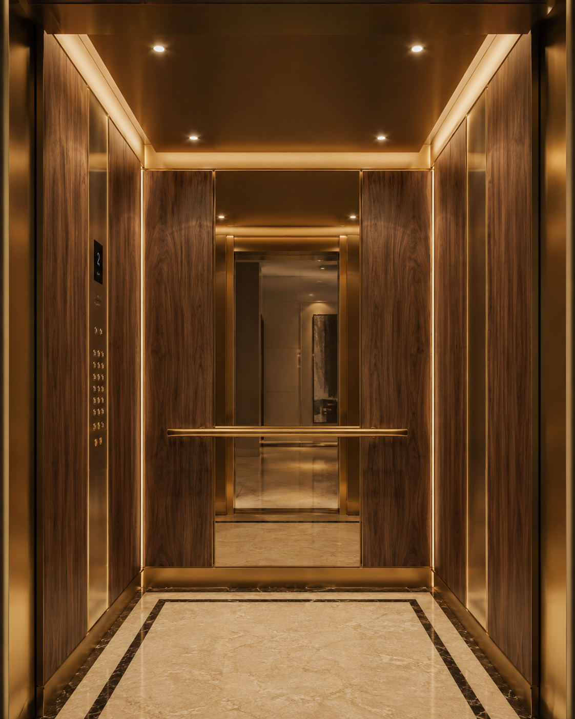 Luxury Wood Veneer Elevator Cabin Interior with Warm LED Lighting for Premium Villas Bangalore