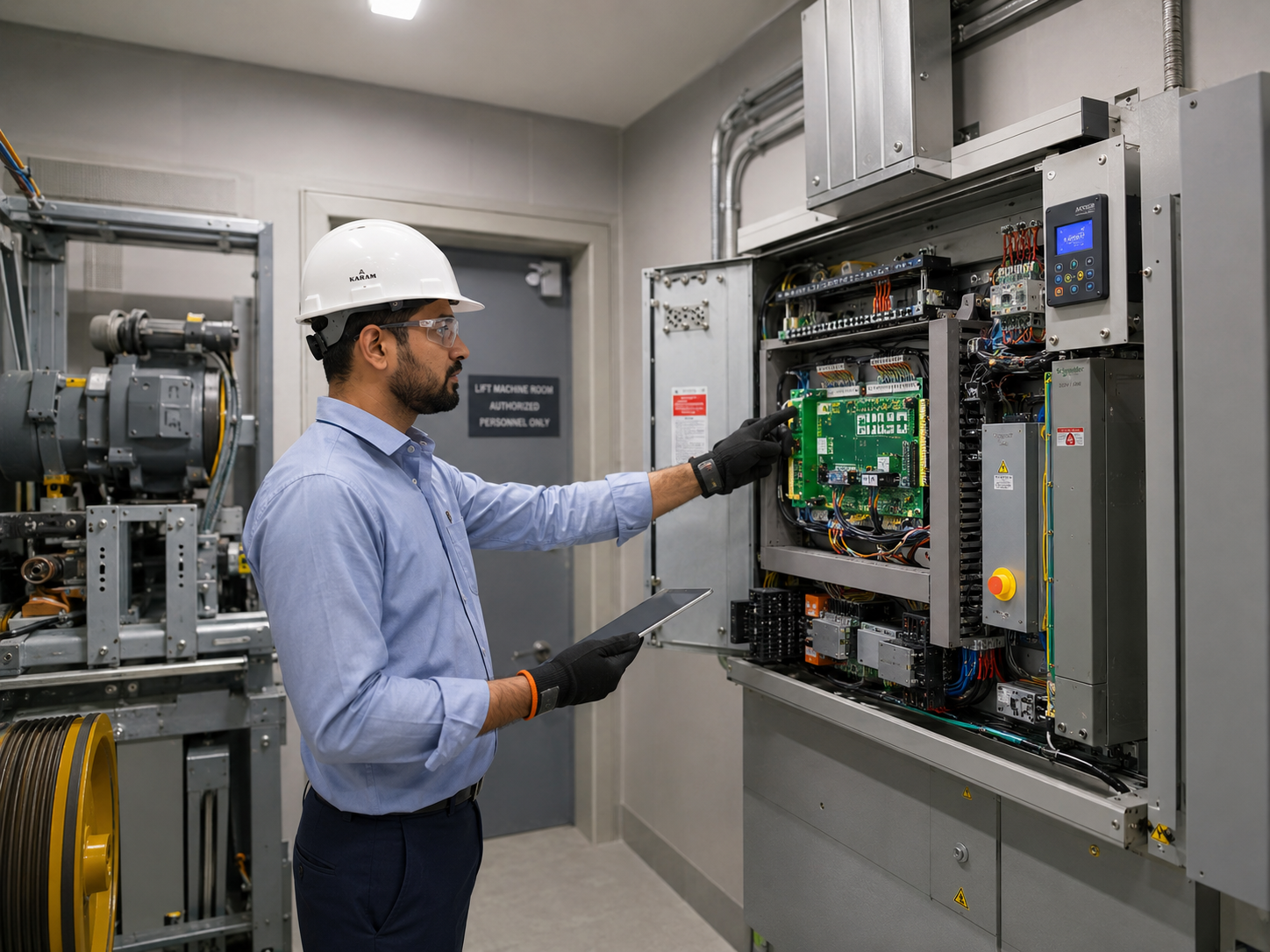 Lift engineer inspecting elevator safety systems during a professional health audit