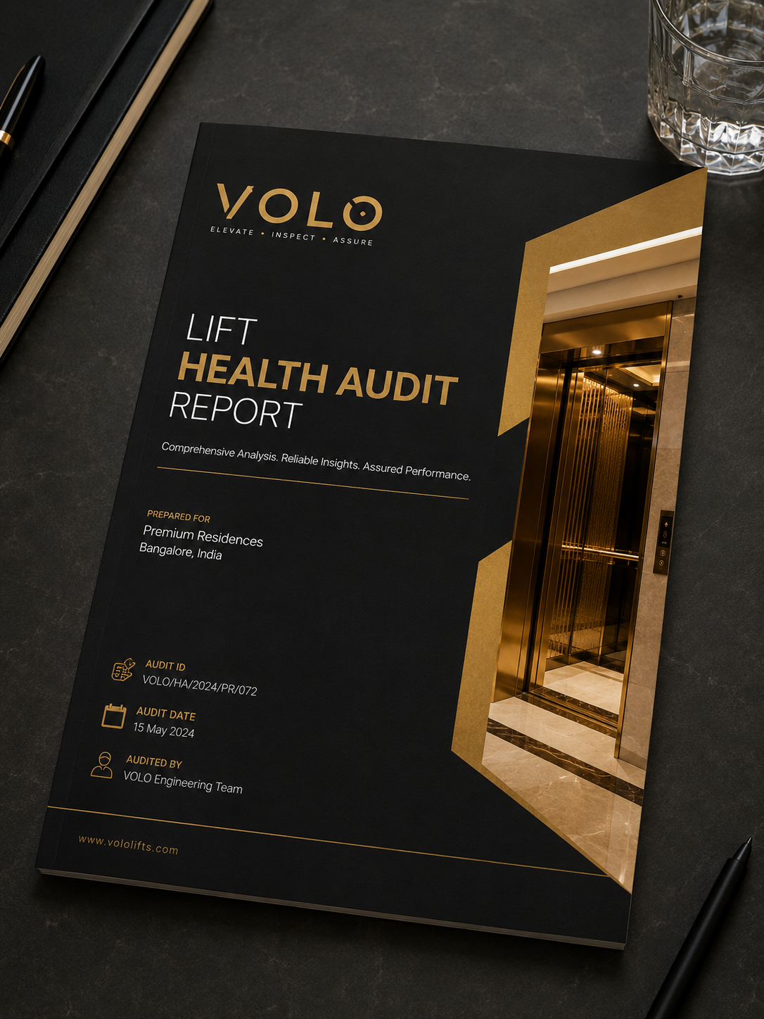 VOLO Lift Health Audit Report Sample showing executive summary, safety score, risk register and modernization recommendations