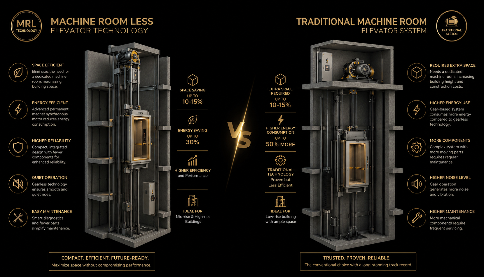 Comparison between machine room less elevators and traditional machine room lift systems for builders